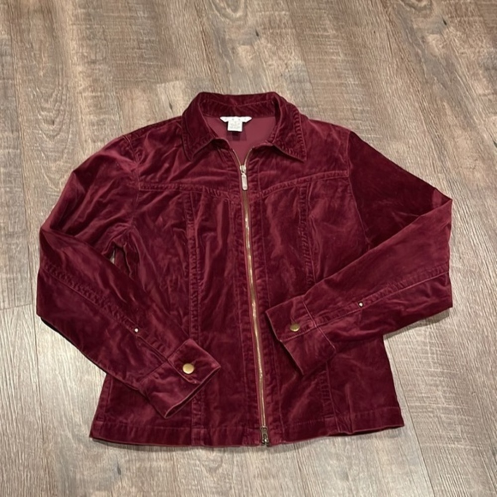 Cabi Velvet zip front jacket in wine